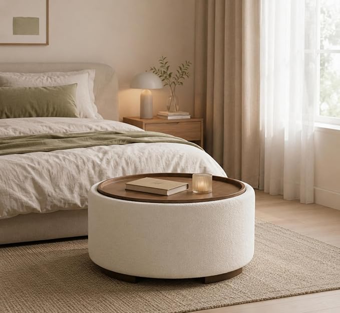 29.5 Inch Round Storage Ottoman Coffee Table, Modern Circle Coffee Table