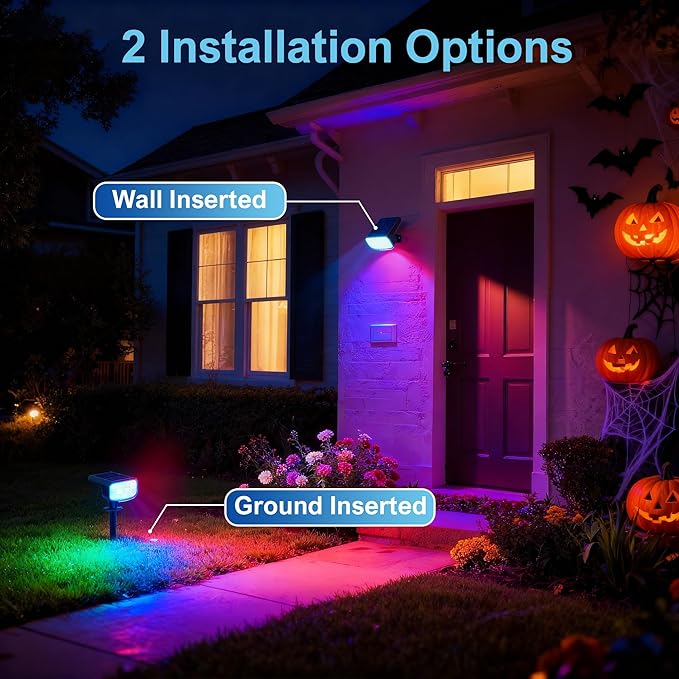 Color Changing Solar Spot Lights Outdoor Waterproof IP65,9 Lighting Modes Multicolor RGB Halloween Spotlight for Porches Yard Gardens Landscape Deconrations-4 Pack