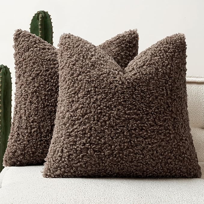 Faux Fur Throw Pillow Covers 24x24 Inch Set of 2 Boucle Neutral Decorative