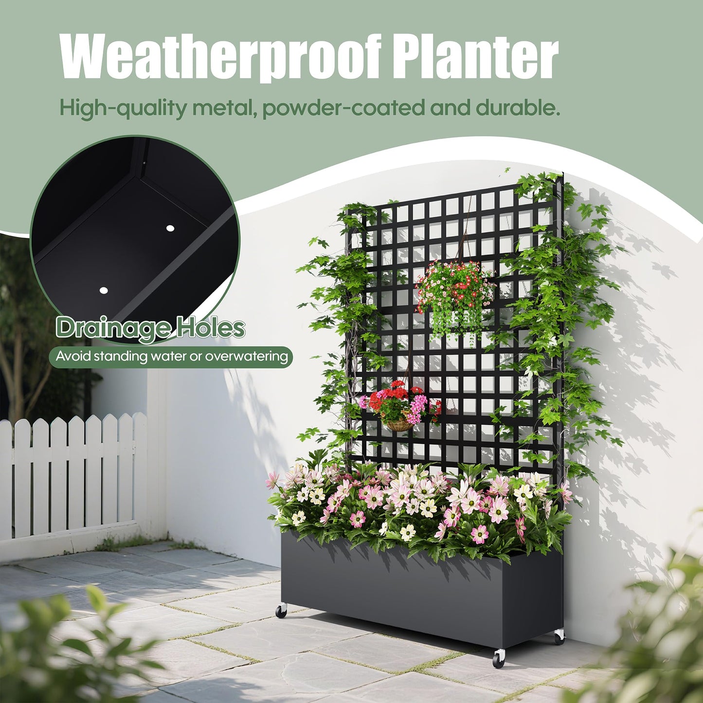 Sunnibety Metal Planter Box with Trellis Privacy Screen, Raised Garden Bed with Lattice Trellis & Wheels, Privacy Planters for Patio, Planter Box for Climbing Plants, Flower, 73"x 47"x 16", Black