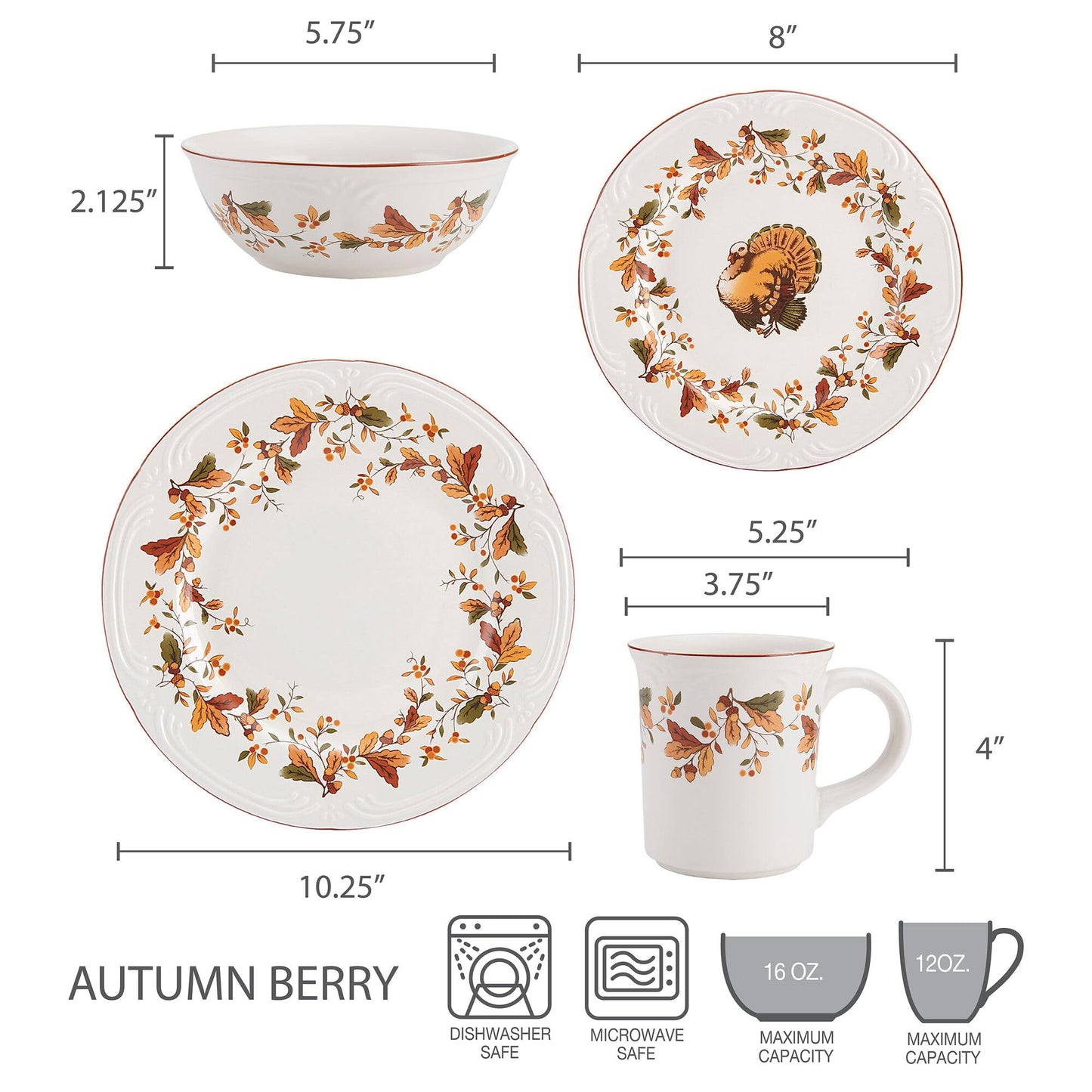 Pfaltzgraff Autumn Berry 16 Piece Dinnerware Set, Service for 4, Multi Colored