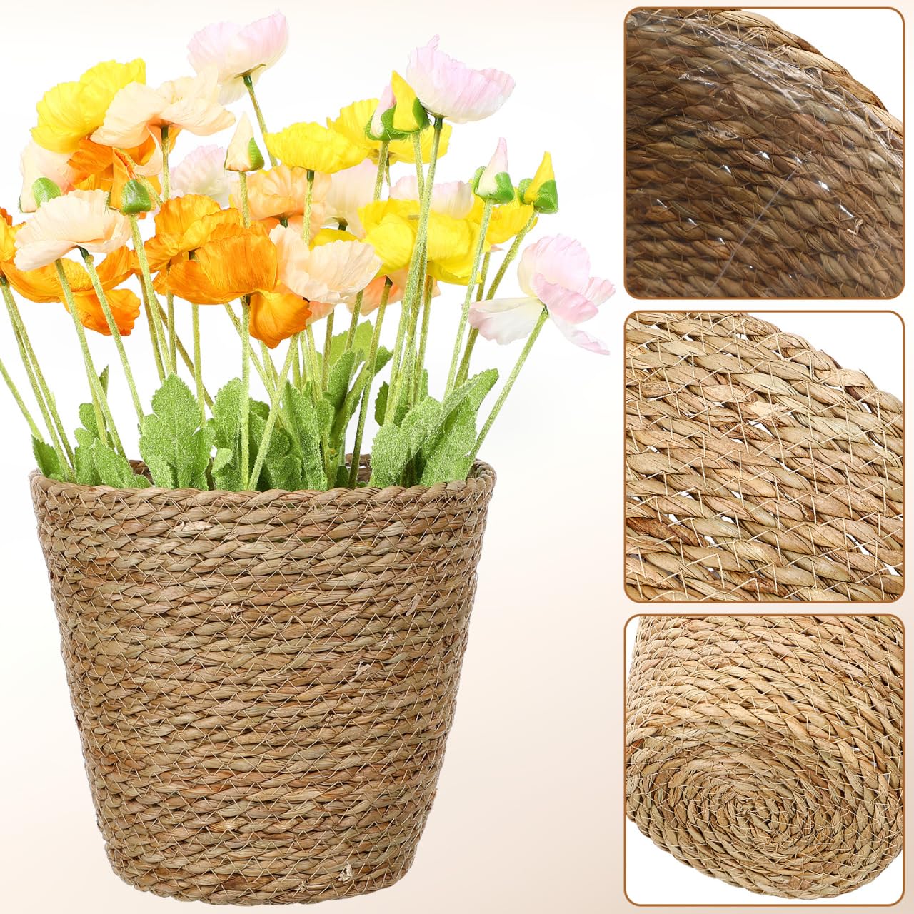 KESYOO Woven Flower Basket, Hand Woven Straw Plant Pot, Indoor Decorative Flower Pot with Liner, Light Brown, 8.66 x 8.66 x 8.26 Inch