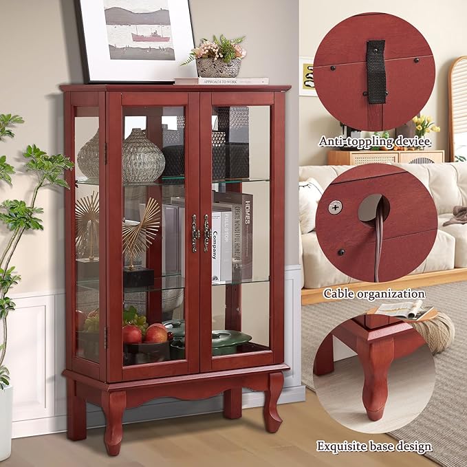 Curio Cabinet With Lighted Tall Leg Glass Door, Antique Display With Mirrored