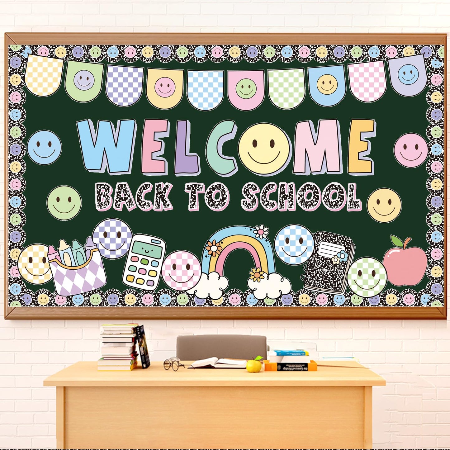 Welcome Back Bulletin Board Decorations Set with Borders Composition Notebook Smile Cutouts Decor for Teachers Back to School Bulletin Board for Class School Classroom Chalkboard Wall Decor