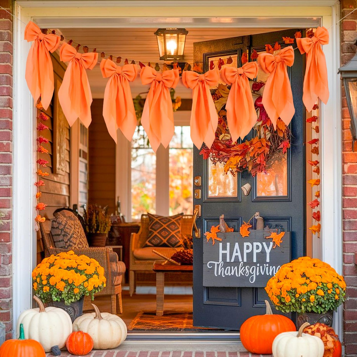 Orange Fall Bow Garland, Autumn Chiffon Bows Garland Thanksgiving Pumpkin Bow Banner Fall Decor for Mantle Fireplace Decor, Home Office Thanksgiving Halloween Harvest Decorations