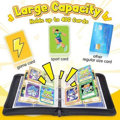 Card Binder – 4 Pocket Zipper Collection Album, Premium PU Holder, Double-Sided Display for 400 Cards, Includes 5 Hard Plastic Sleeves for Game Cards, Sports Cards（Lightning）