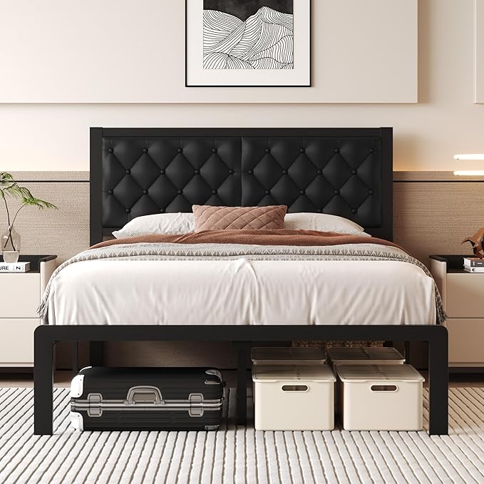 Fluest Full Bed Frame with Headboard PU Leather Upholstered Bed Frame Platform