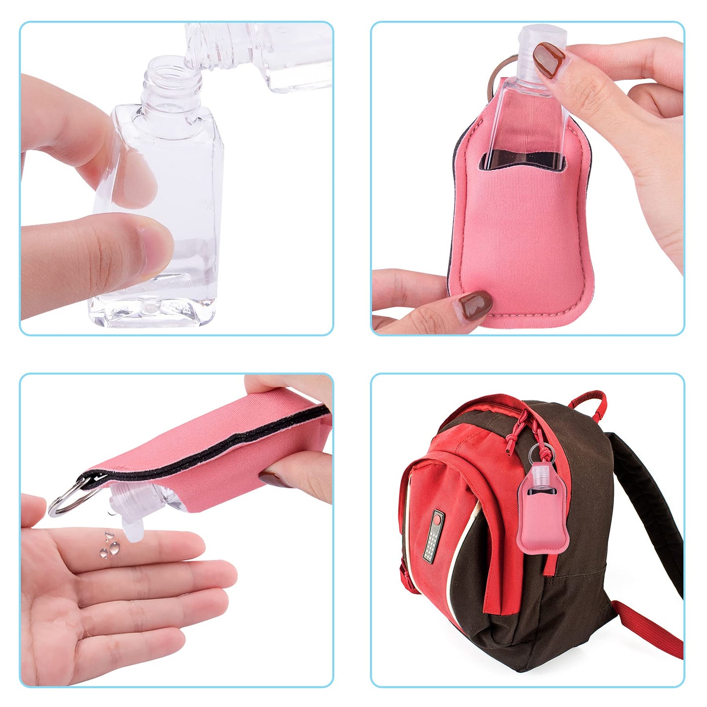 Duufin 60 Pieces Hand Sanitizer Keychain Holders Empty Travel Bottles Set Including 30 Pieces Reusable Clear Bottles and 30 Pieces Hand Sanitizer Holder for Backpack and Purse