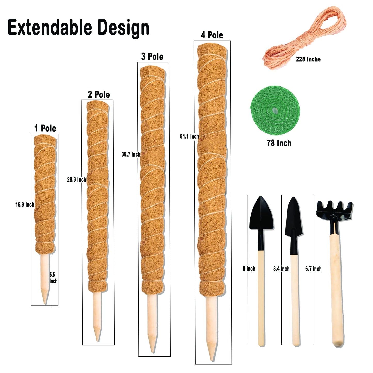 XIRENE 4 Pcs Moss Pole Extending to 51.1 Inches for Plants Monstera, Coco Coir Moss Sticks for Indoor Plants Support Stakes for Climbing Plants Grow Upward with Jute Rope, Tool Set and Hook-Loop Strip