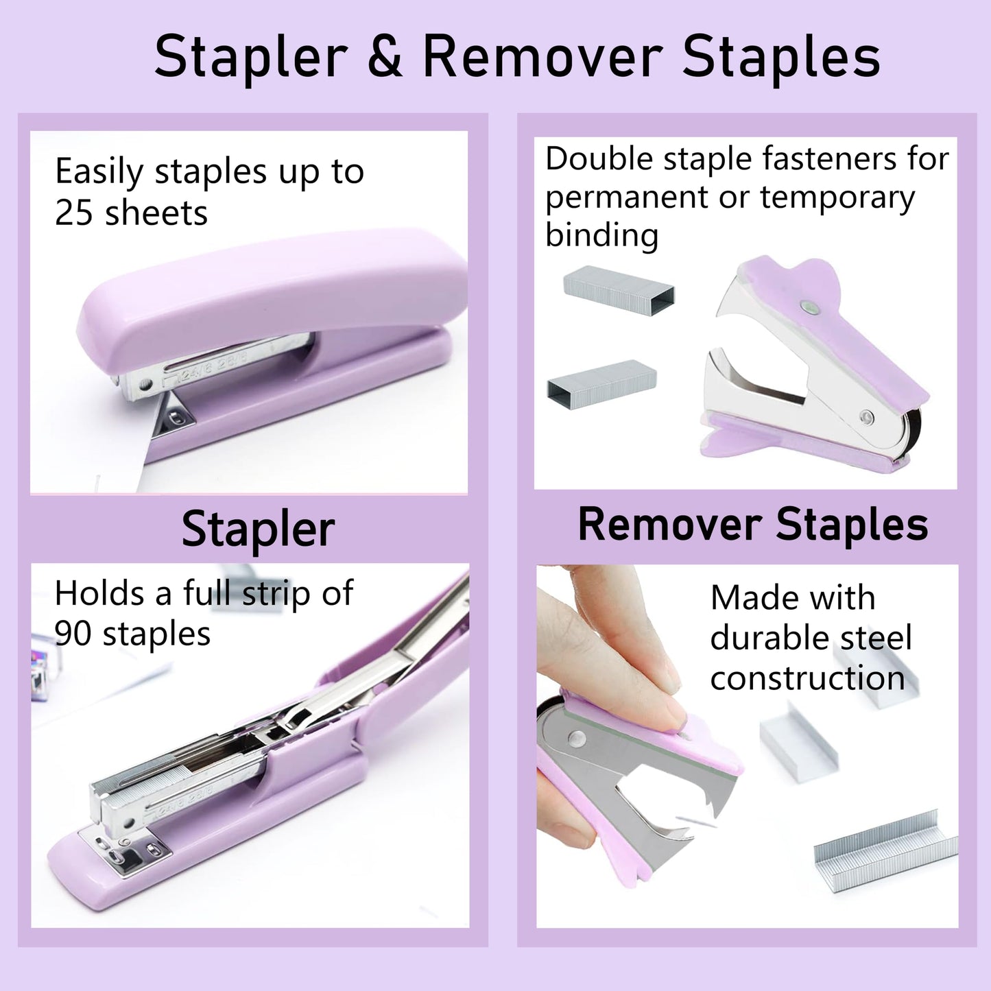 Purple Office Supplies, Purple Desk Accessories, Stapler, Staple Remover, Tape Holder, Pen Holder, Ballpoint Pen, Scissor, Binder Clips, 1000 Staples, Phone Holder, Ruler, Transparent Glue and Notes