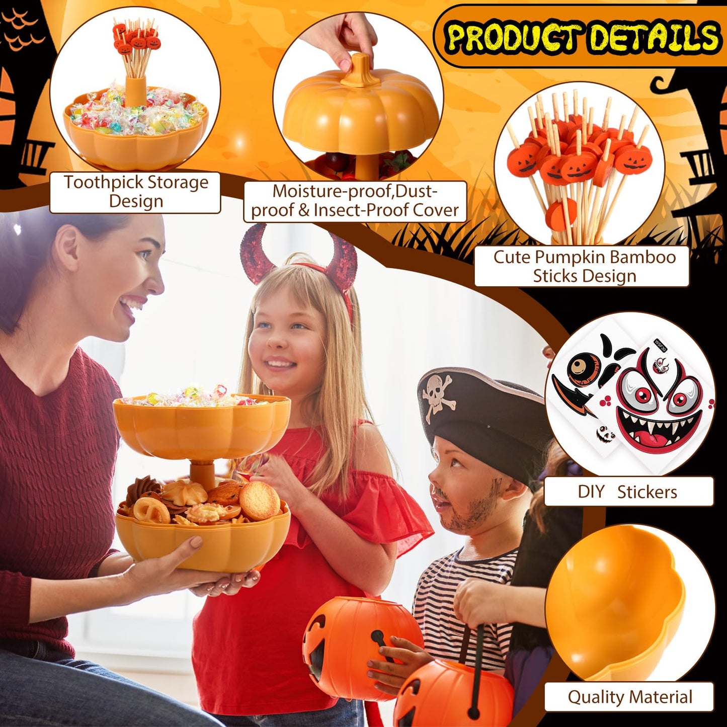 Potchen 2 Set 2 Tier Thanksgiving Fall Pumpkin Snack Bowl Stackable Snack Tray with Lid Stickers Toothpicks Pumpkin Serving Dishes Candy Box Fruit Container for Thanksgiving Party Decoration Xmas Gift