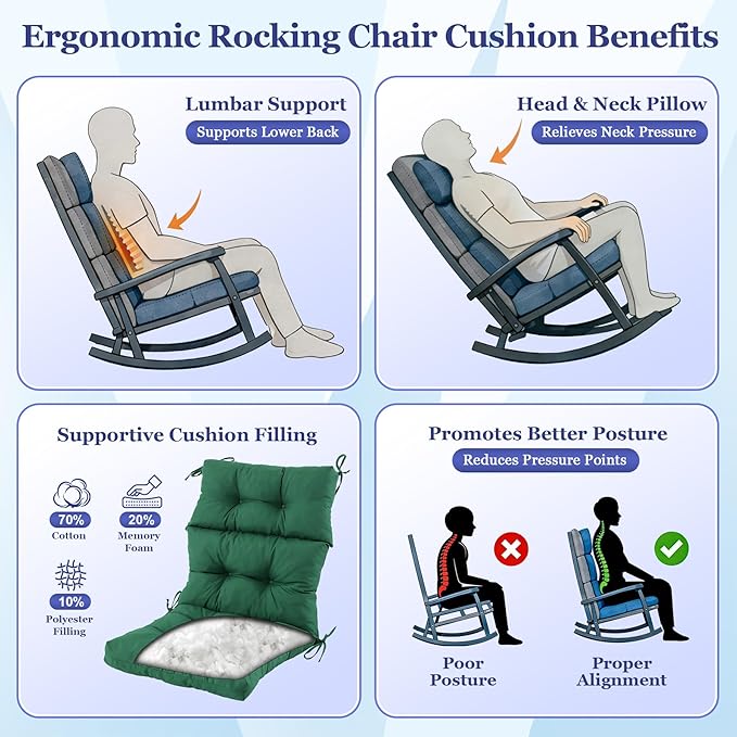 Rocking Chair Cushion, Waterproof and Fade-Resistant Adirondack Rocker Cushions
