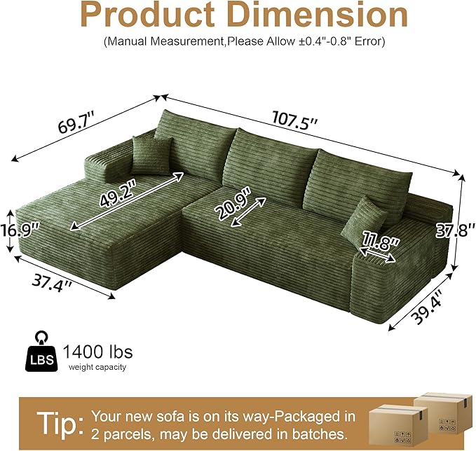 108" Sectional Couches for Living Room Cloud Couch Sofa