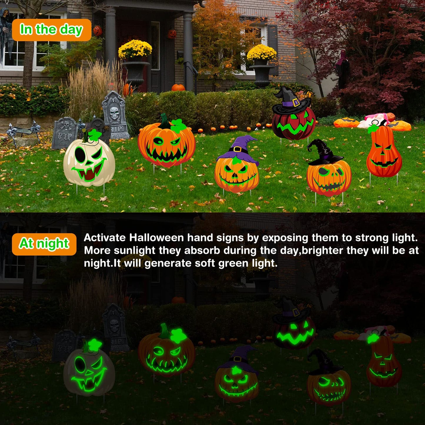 Soaoo 6 Pack 16 Inch Halloween Decoration Outdoor Fluorescence Halloween Pumpkin Yard Signs with Stakes Spooky Faces and Witch's Hat Lawn Signs Scary Front Yard Decor for Holiday Party Decor