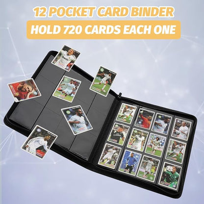 12 Pocket Ringless Side Loading Trading Card Binder, 720 Cards PU Fixed Page Zipper Card Album for TCG Sports Game Cards, Not Fit Top Loaders (Black)