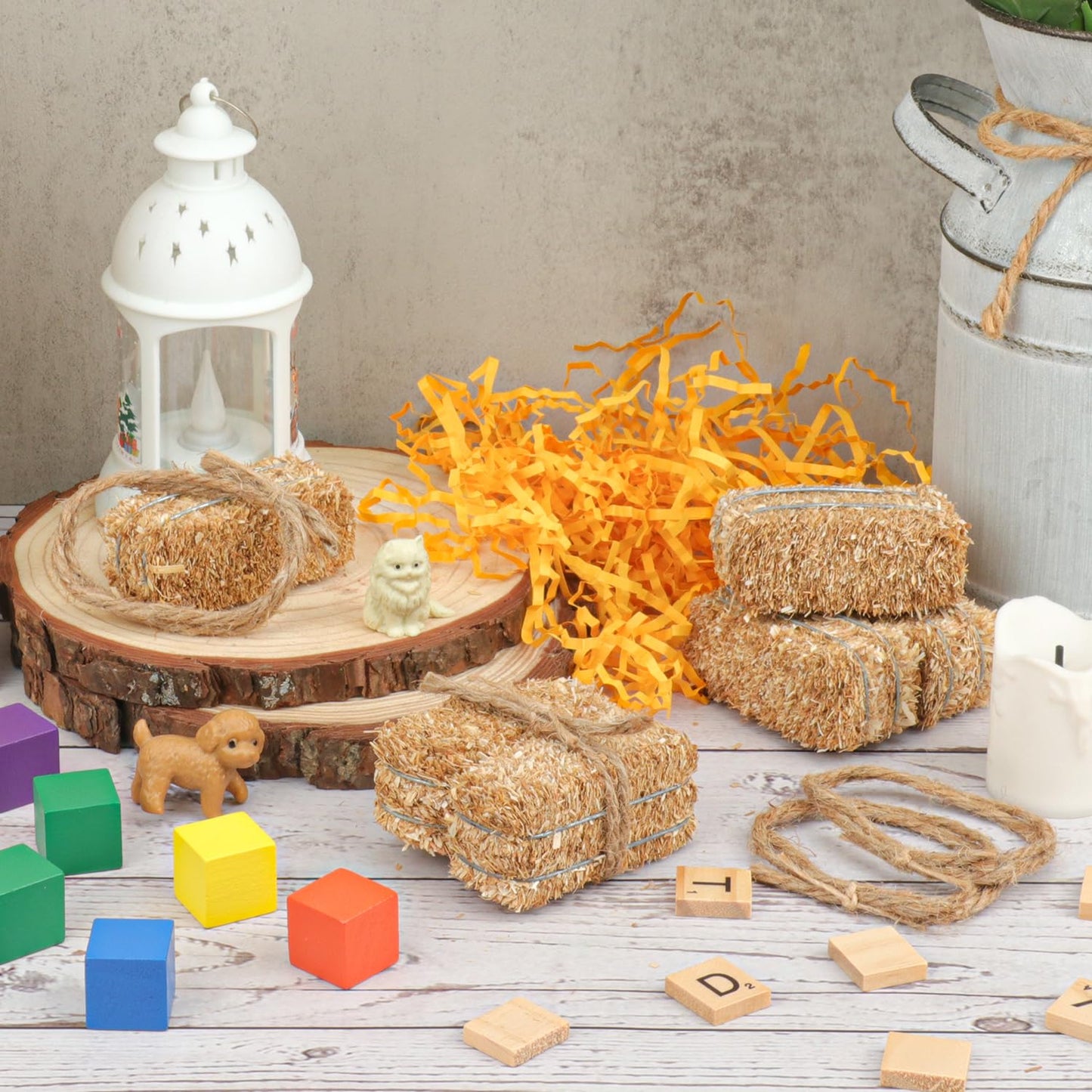 Yiksonyo 12 PCS Mini Decorative Hay Bales & 12 PCS Twisted Hemp Rope, Perfect for Table Centerpieces, Fall & Halloween Crafts, and Rustic Decor