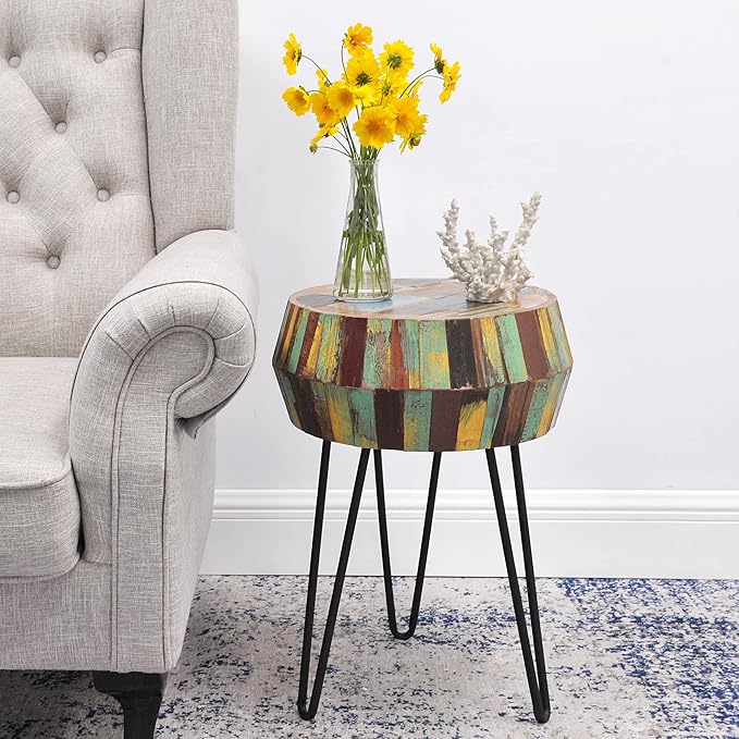 Drum Round Wood Side Table 16" x 16" x 21" H Reclaimed Rustic Multicolor Patio