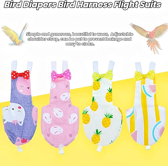 2Pcs Bird Diapers Bird Harness Flight Suits Diapers with 80 Inch Flying Leash Parrot Nappy Washable Cute Urine Wet Suit for Cockatiel Conure Macaw Budgies Parakeet-Rabbit&Kitten,M