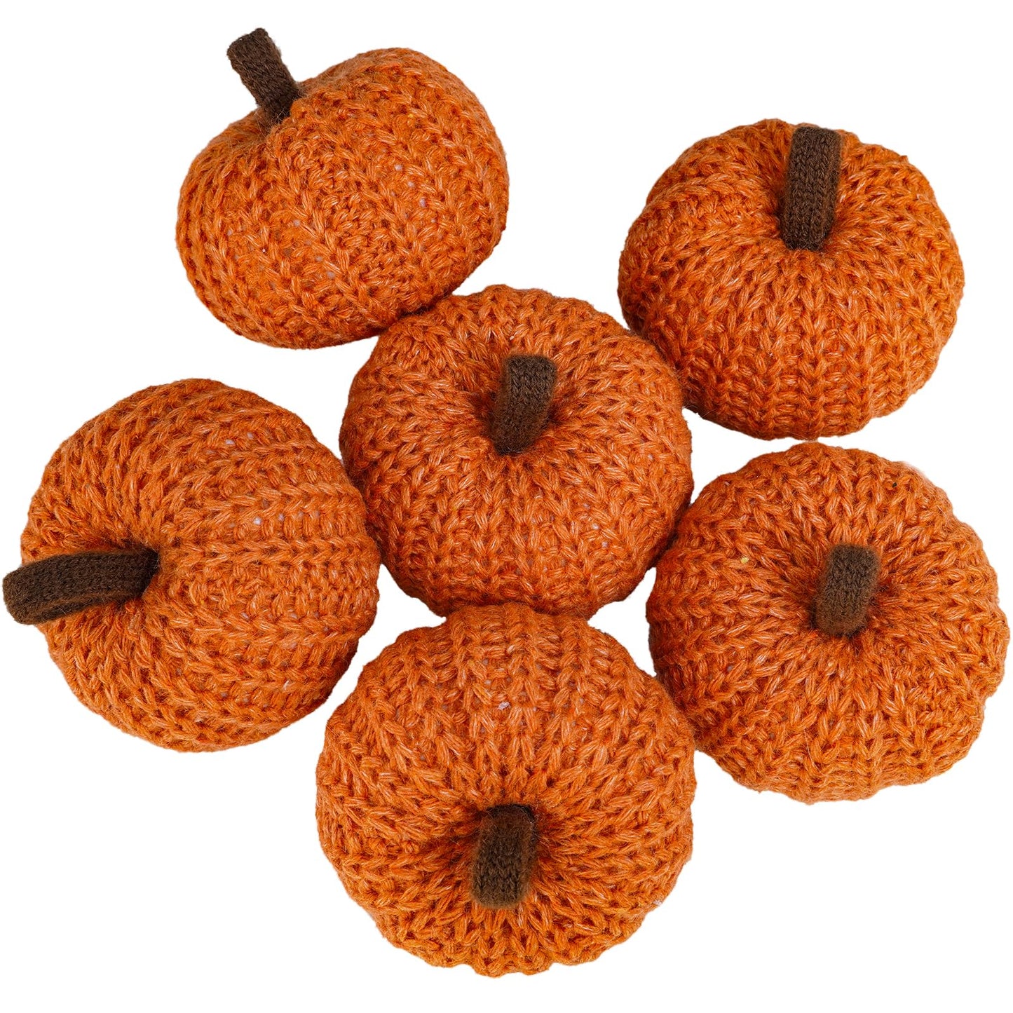 Winlyn Set of 6 Faux Fall Orange Crochet Pumpkins - Small Knit Foam Pumpkins for Rustic Farmhouse Decor, Harvest, Thanksgiving, Halloween, Autumn Table, Bowl, Tiered Tray, Mantel