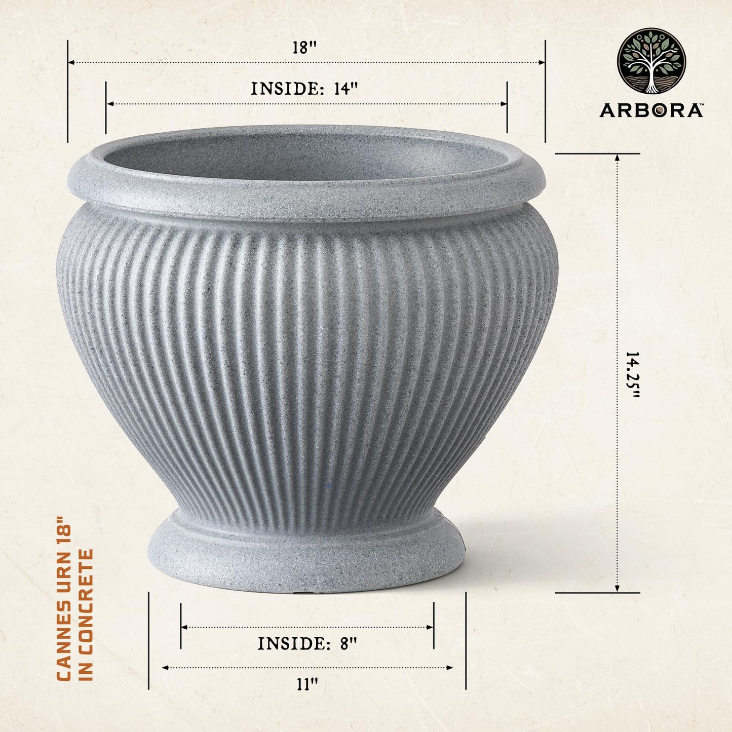 ARBORA 18" Cannes Urn Polyresin Indoor and Outdoor Planter with Stone Blend Concrete Gray Finish - Durable, Weatherproof, Lightweight, Large Plant Pot for Patio, Garden, Deck, Entryway