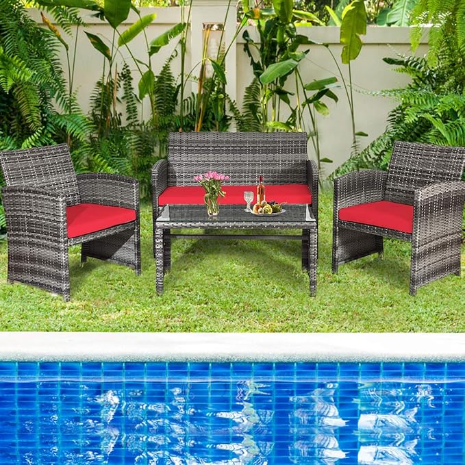 Tangkula 4 PCS Wicker Patio Conversation Set, Outdoor Rattan Sofas