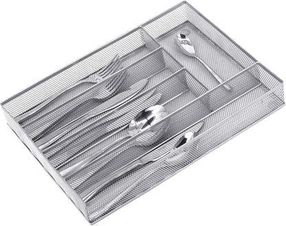 Neudeco Silverware Drawer Organizer, Silver, 5 Compartment | Mesh Wire, Non-Slip Feet, Cutlery Tray, Flatware Storage Divider