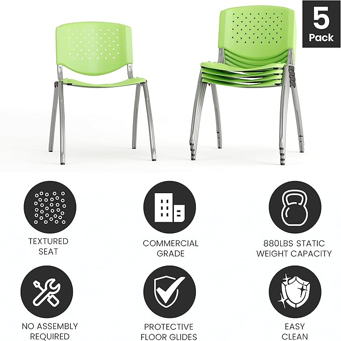 Flash Furniture HERCULES -5 Pack 880 lb. Capacity Green Plastic Stack Chair |