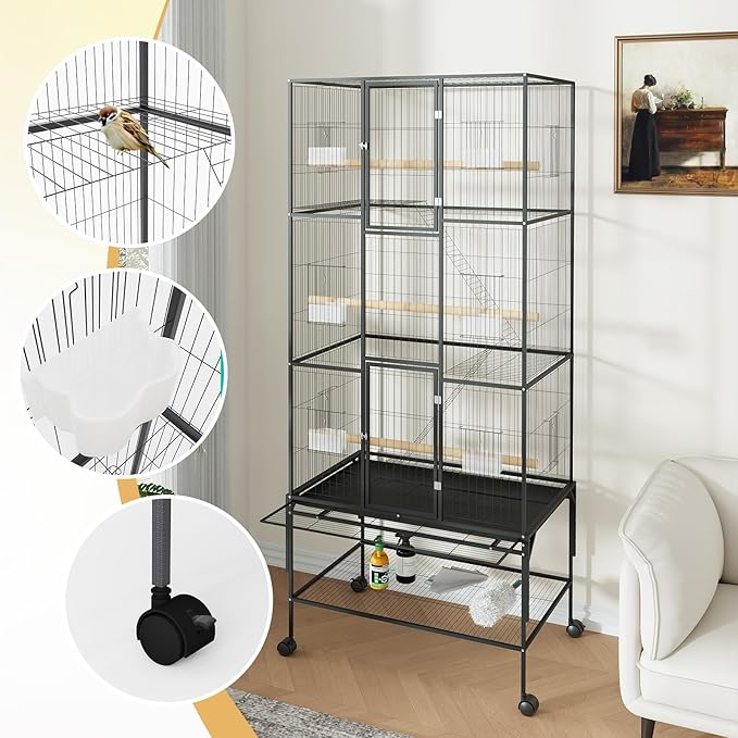 GAOMON Large Bird Cage - 69 Inch Metal Parrot Cage with Rolling Storage Stands, Wide Flight Aviary with Slide Out Tray Feed Bowls, Pet Bird House for Conures, Cockatiels, Cockatoo, Parakeets