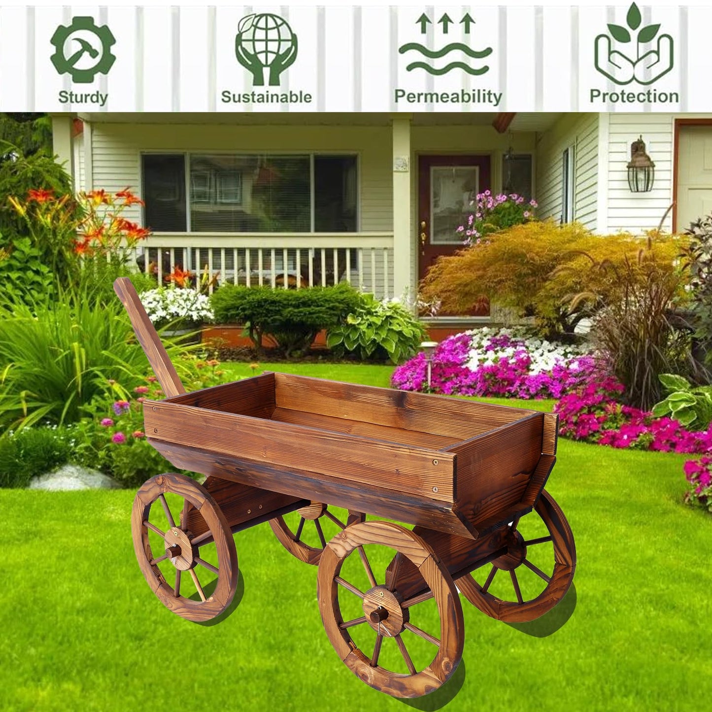 FUCIHOMA Wood Wagon Flower Planter Pot Stand W/Wheels Home Garden Outdoor Decor