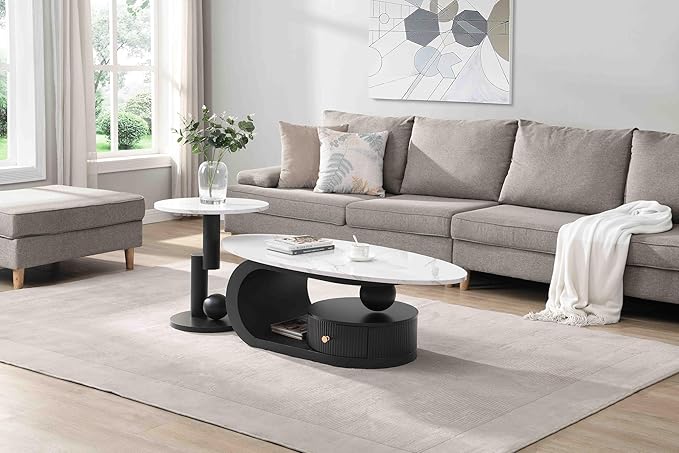 Modern Oval Coffee Table Set of 2, Faux Marble Coffee Table and Round End Table