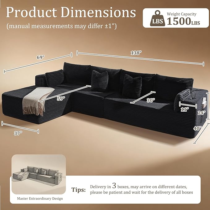 138" Cloud Sectional Couch, Comfort L Shaped Boneless Couch