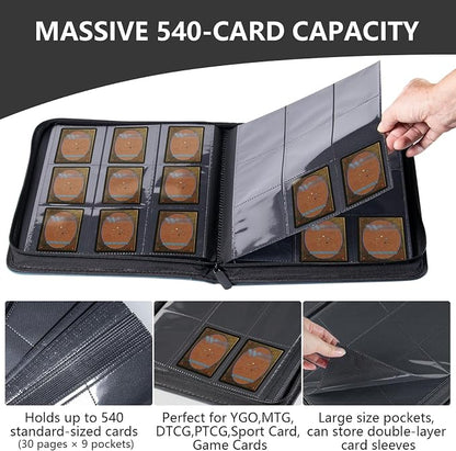 Trading card binder,Ringless Zip laser foiling Binder,540 Double Sided Pocket Collectible Trading Card Albums for YGO,MTG, DTCG,Sport Card, Game Cards (MTG Blue)