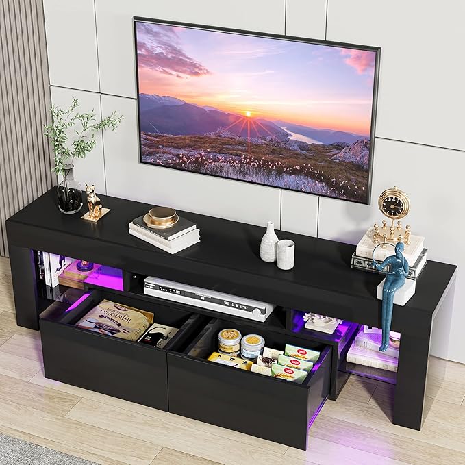JUMMICO TV Stand, Modern Lighting TV Cabinet Entertainment Center Media and