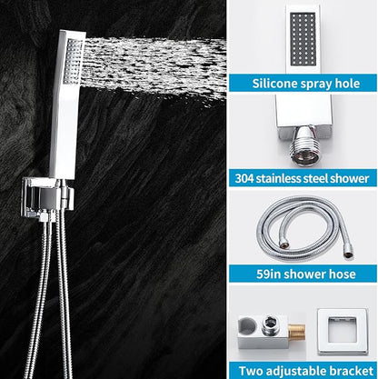 Chrome Shower Faucet Set with Tub Spout 10 Inch, Shower Head and Handle Set with 2 Hooks, Tub and Shower Faucet Combo, Rain Shower and Handheld Shower System Square Wall Mount for Bathroom