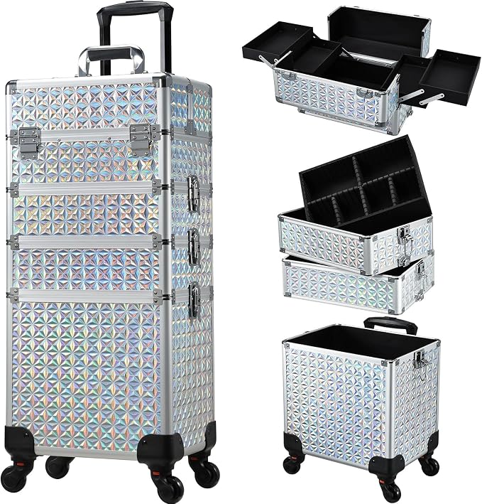 Stagiant Rolling Makeup Case Cosmetology Case on Wheels 4 in 1 Large Cosmetic Organizer Train Case Makeup Travel Case with Key Nail Artist Salon Storage Traveling Cart Big Trunk Shiny Silver