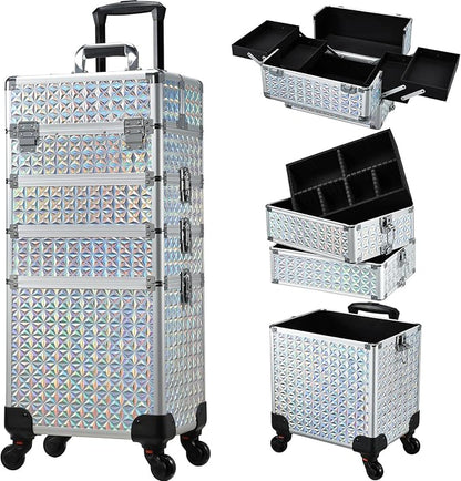 Stagiant Rolling Makeup Case Cosmetology Case on Wheels 4 in 1 Large Cosmetic Organizer Train Case Makeup Travel Case with Key Nail Artist Salon Storage Traveling Cart Big Trunk Shiny Silver