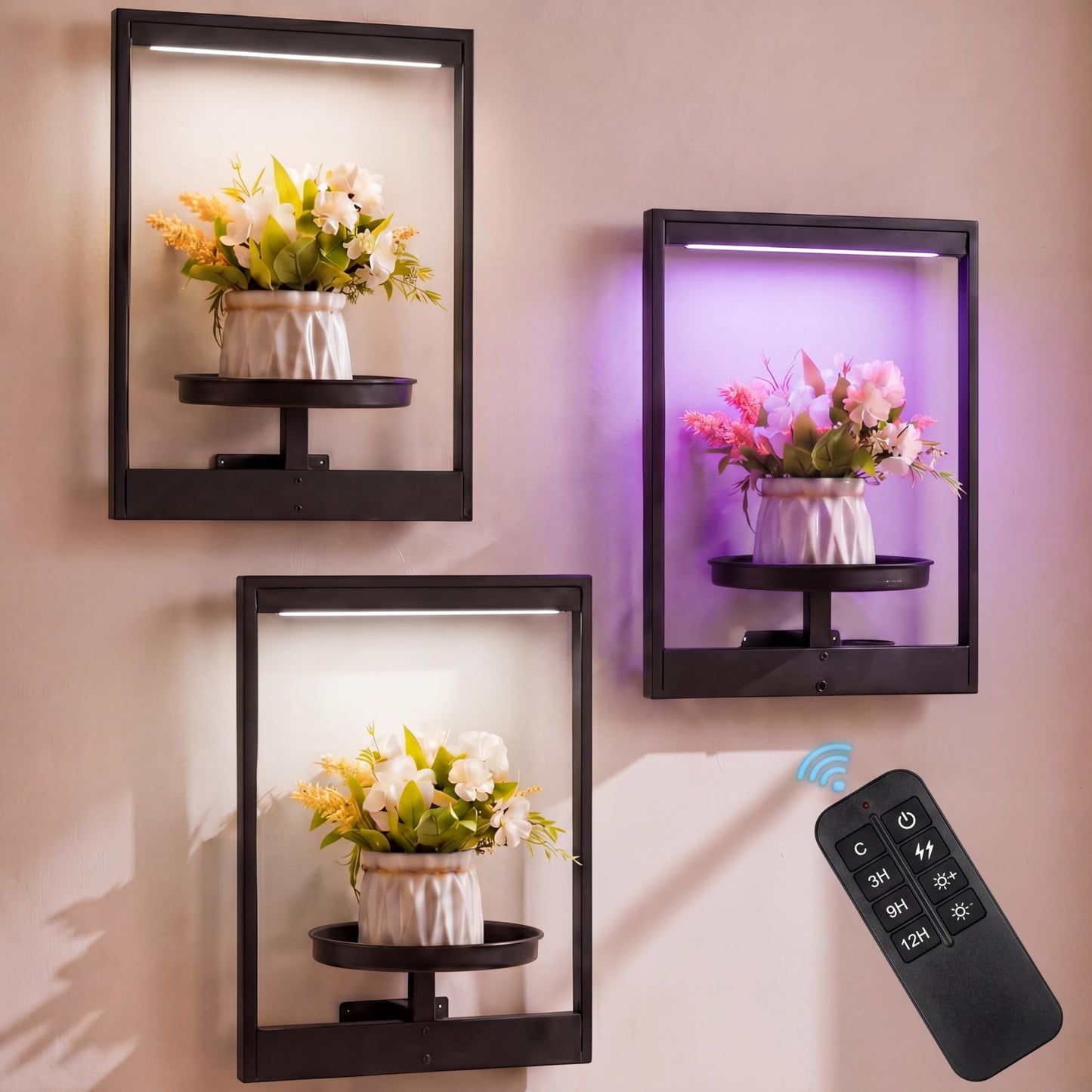 Yiyiring 3 Pack Wall Plant Holders with Remote Grow Lights, Indoor Plants Holders, Plants Shelves Hanging Planters, Wall Mounted Framed Plant Holder for Indoor Living Room Decor