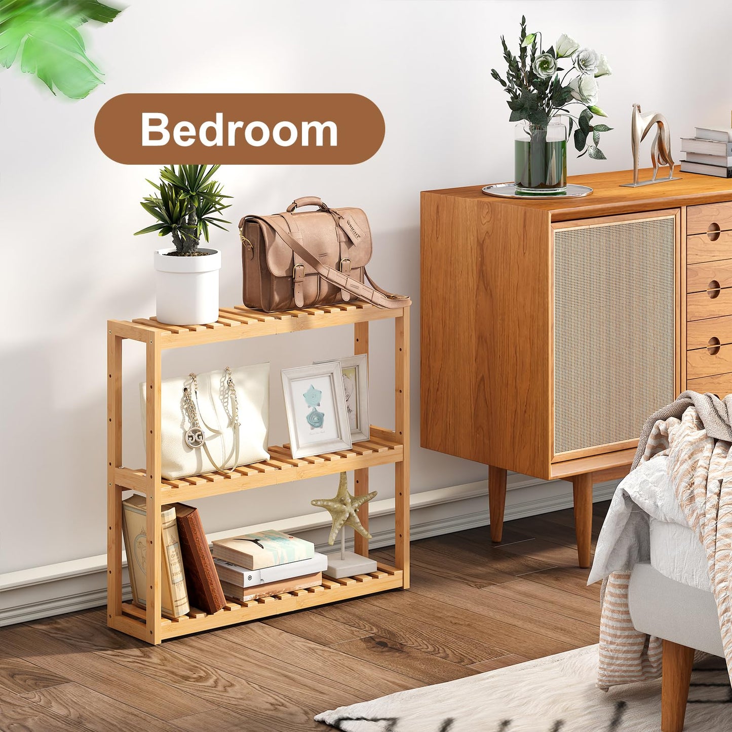 FILWH Bamboo Organizer Rack - Adjustable 3-Tier Storage Shelf, Wall Mounted or Over The Toilet, Living Room, Kitchen (Natural)