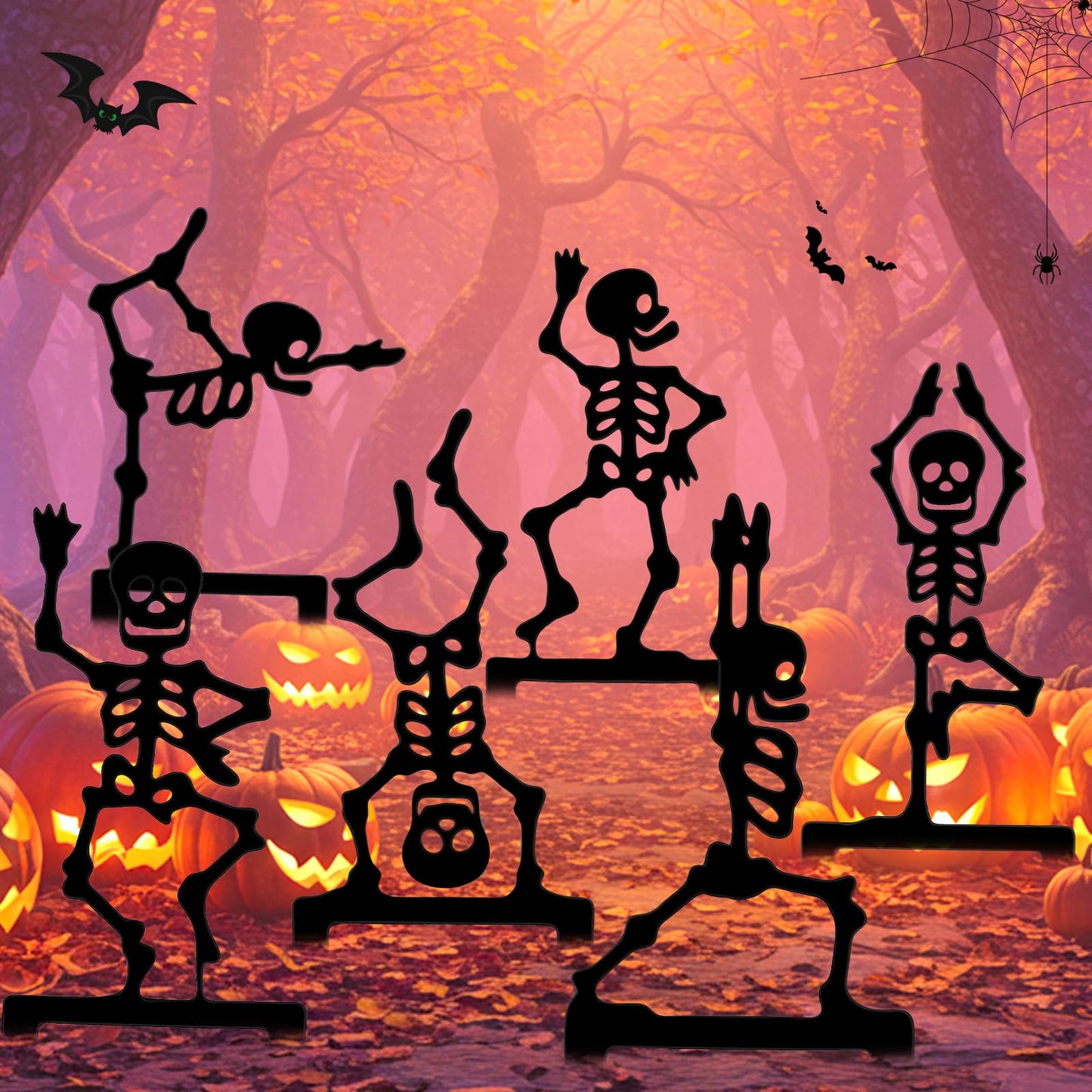 Moxweyeni 6 Pack Halloween Yard Stake 11.8" Metal Skeleton Garden Stakes Black Halloween Yard Signs Gothic Scary Decorations for Outdoor Garden Lawn Path