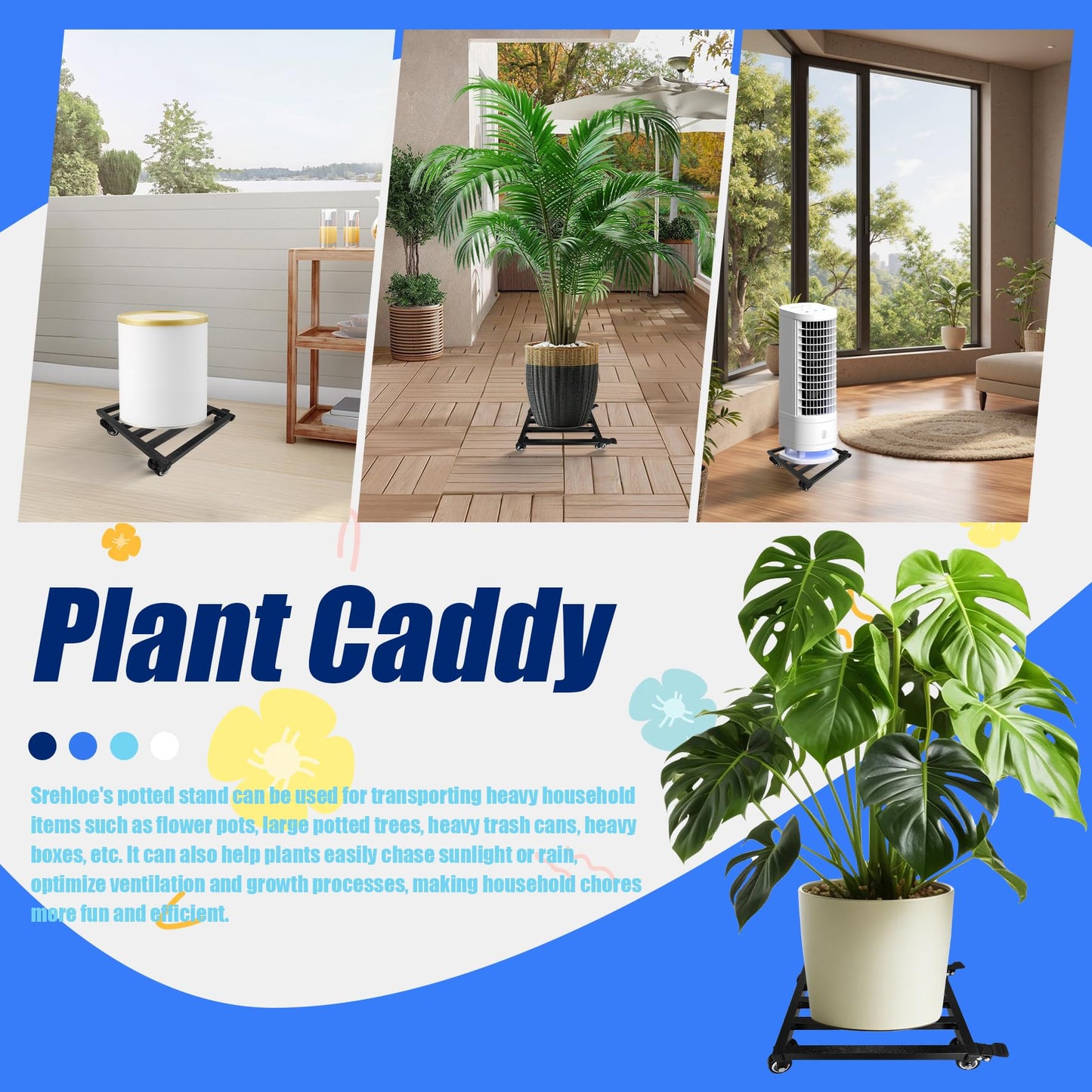 Srehloe 12 Inch Plant Caddy with Wheels Lockable Heavy Duty Trolley Large Metal Square Plant Dolly Plant Roller Base Potted Stand Suitable for Indoor Outdoor Plant Pots Black