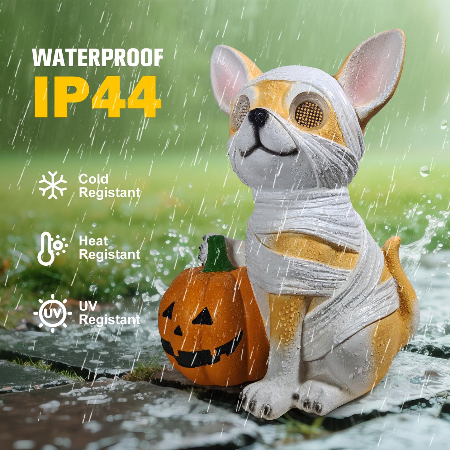QOCNAM Halloween Decorations, Halloween Dog Statue Holding Pumpkin, with 360°Rotating Glowing Eyes and Solar Power,Outdoor Dog Statue for Front Door Porch, Yard, Lawn, Garden &Spooky Gifts