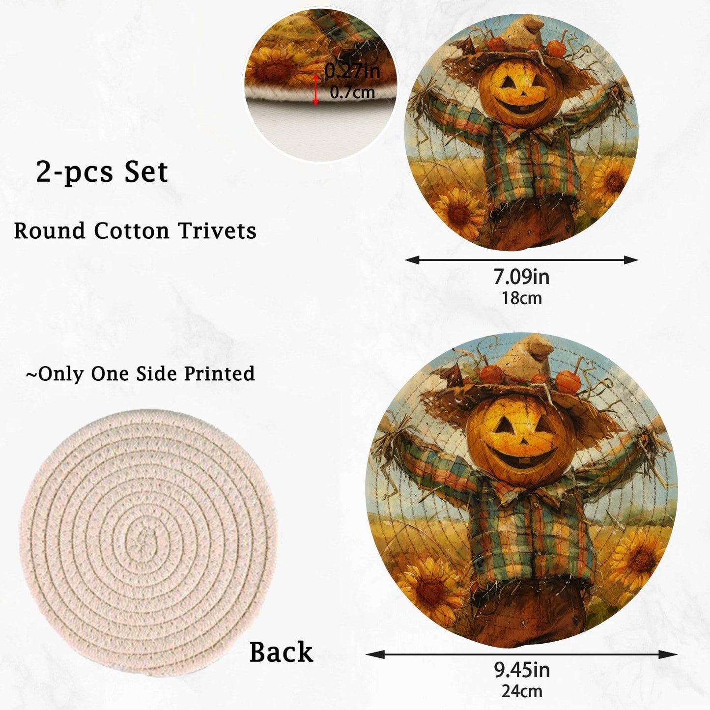 Peystean Kitchen Set of 2 Potholders Trivets, Funny Pumpkin Scarecrow Sunflower Field Woven Hot Pot Coasters Placemats for Cooking Baking Hot Dish Pan Pot Bowl Teapot(7&9 Inches Diameter)