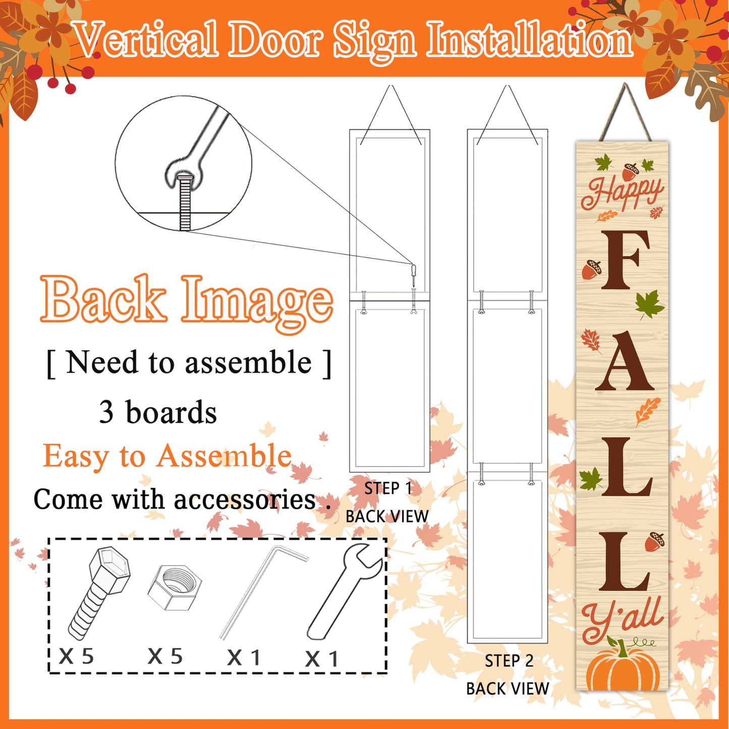 Happy Fall Sign Autumn Front Door Hanging Decor Welcome Sign Wooden Vertical Indoor Outdoor Standing Sign For Garden Home Yard Farmhouse Porch 47.2 x 7.8 Inch