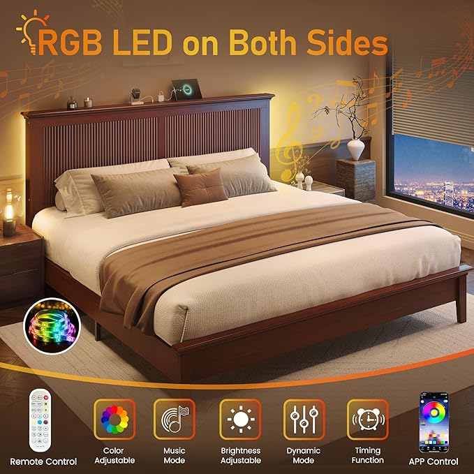 Lifezone King Bed Frame with Headboard, Solid Wood Bed Frame King Size with