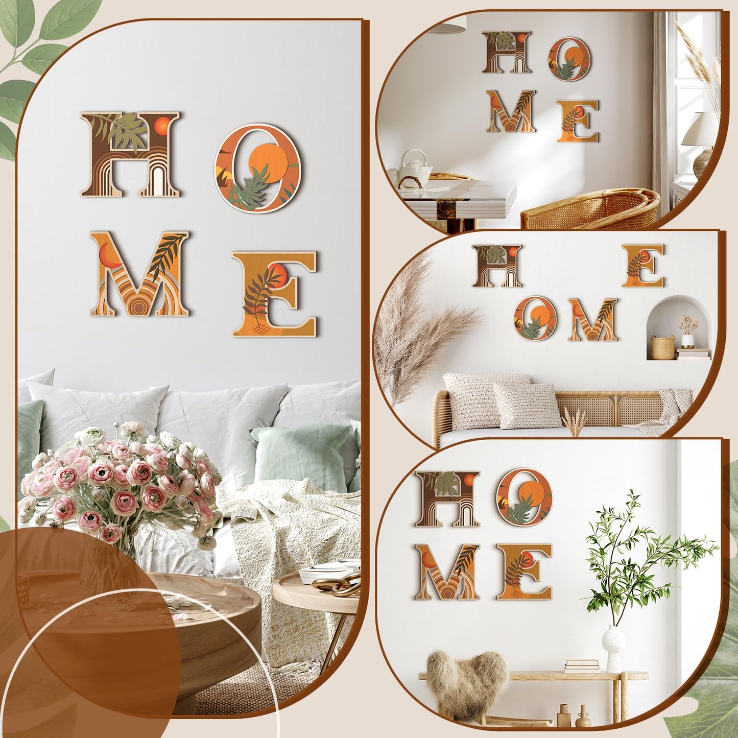 Honoson 4 Pcs Orange Boho Wall Art Decor Aesthetic Wood Home Letters Sign Hanging Orange Abstract Wall Art Rustic Farmhouse Geometric Sun Moon Leaves for Decorative Living Room Kitchen Bedroom