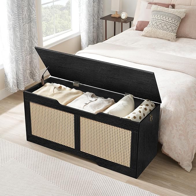HOOBRO Storage Bench, 43.3" Toy Box, Rattan-Like Storage Chest, Sturdy Entryway