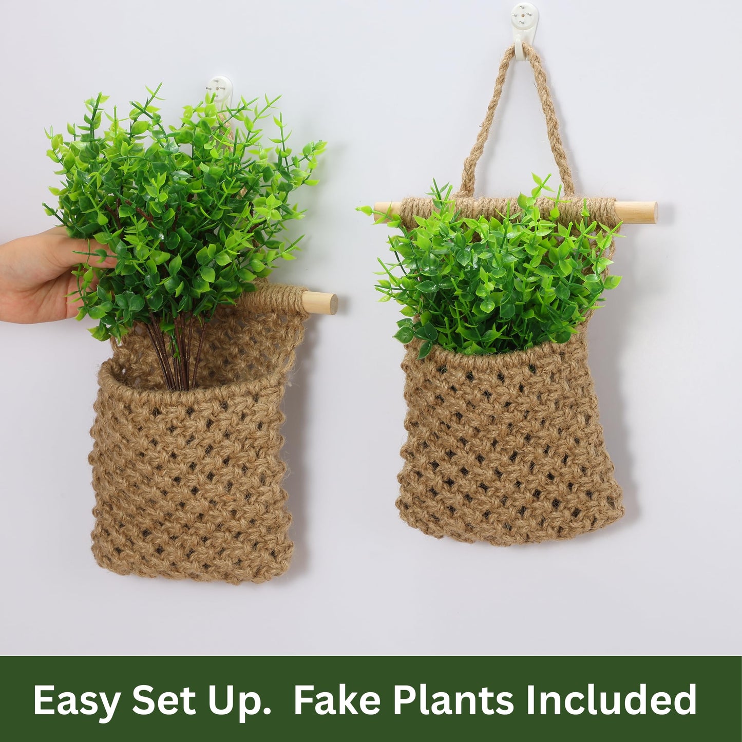 Shineloha 2 Packs Macrame Wall Planters with Artificial Eucalyptus | Macrame Plant Hanger, Wall Plant Holders for Boho, Bathroom, Bedroom & Wall Hanging Decor (2 Packs, Brown)