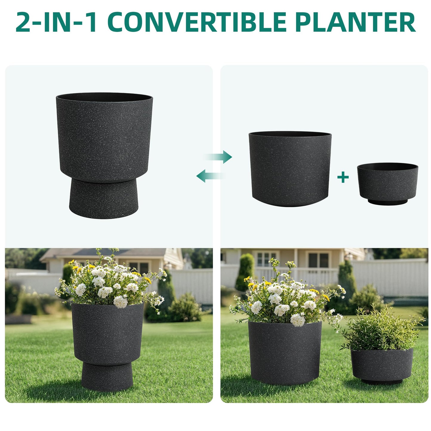 Autodaya 16.8" Modern Pedestal Planters Set of 2, Large Plastic Flower Pots with Terrazzo Finish, Drainage Hole & Weather Resistance for Indoor/Outdoor Garden Patio Balcony Decor