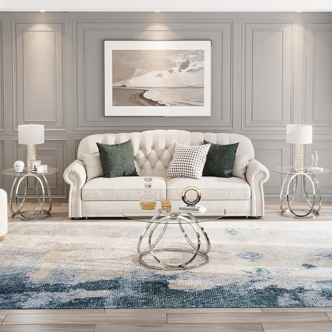 O&K FURNITURE Silver Coffee Table, Modern Glass Coffee Table Living Room Table