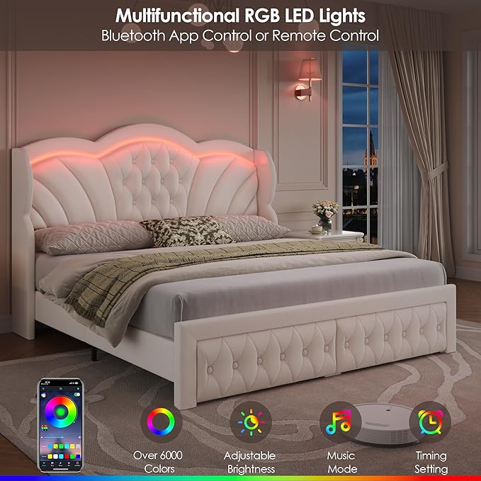 Keyluv Queen Bed Frame with LED Lights and 2 Storage Drawers, Velvet